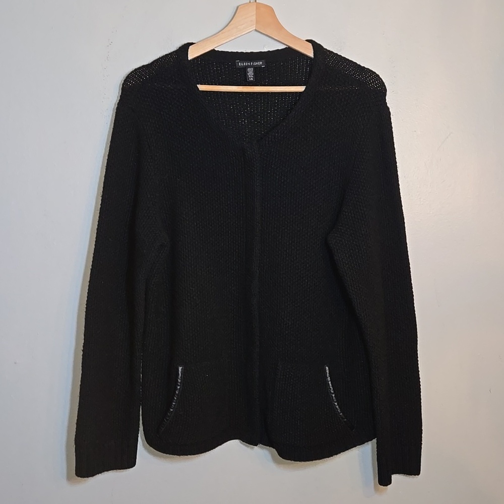 Eileen Fisher Black Yak Wool Leather Trim Textured Jacket Sweater Cardigan NWOT - Picture 3 of 16